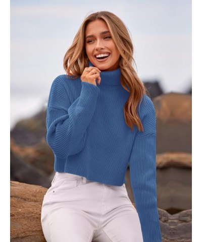 Women's 2023 Fall Winter Turtleneck Cropped Sweater Causal Ribbed Knit Long Sleeve Pullover Jumper Tops Blue $14.64 Sweaters