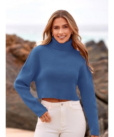 Women's 2023 Fall Winter Turtleneck Cropped Sweater Causal Ribbed Knit Long Sleeve Pullover Jumper Tops Blue $14.64 Sweaters