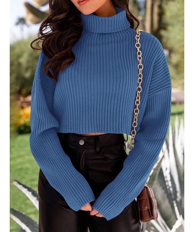 Women's 2023 Fall Winter Turtleneck Cropped Sweater Causal Ribbed Knit Long Sleeve Pullover Jumper Tops Blue $14.64 Sweaters