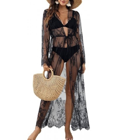 Lace Bikini Cover Up for Women Swimwear Print Hollow Out Long Kimono Cardigans D-black $19.03 Swimsuits