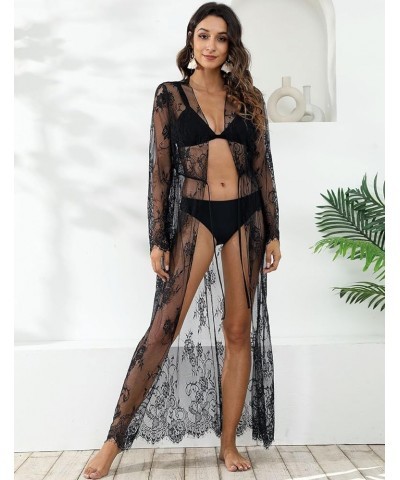 Lace Bikini Cover Up for Women Swimwear Print Hollow Out Long Kimono Cardigans D-black $19.03 Swimsuits