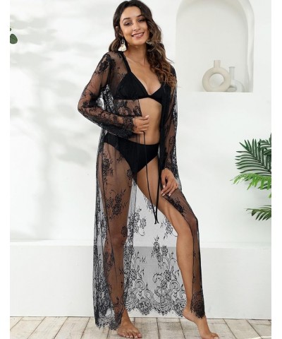 Lace Bikini Cover Up for Women Swimwear Print Hollow Out Long Kimono Cardigans D-black $19.03 Swimsuits