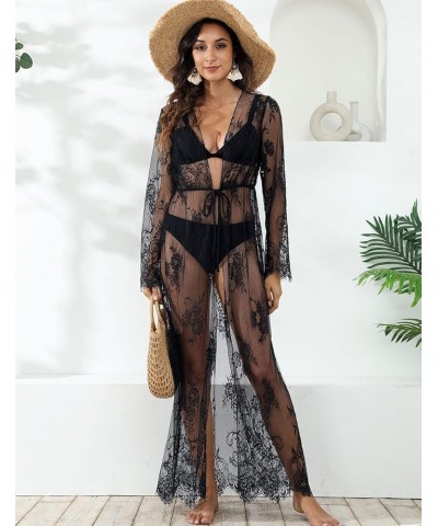 Lace Bikini Cover Up for Women Swimwear Print Hollow Out Long Kimono Cardigans D-black $19.03 Swimsuits