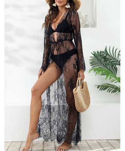 Lace Bikini Cover Up for Women Swimwear Print Hollow Out Long Kimono Cardigans D-black $19.03 Swimsuits