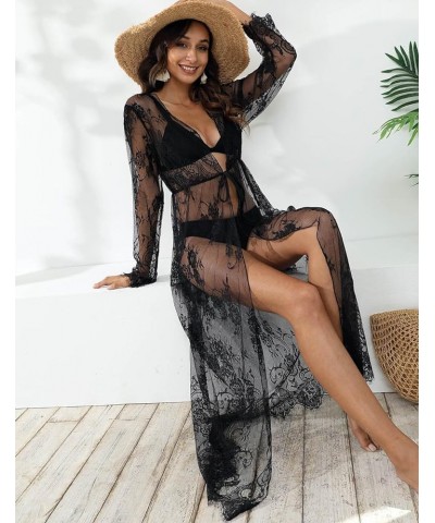 Lace Bikini Cover Up for Women Swimwear Print Hollow Out Long Kimono Cardigans D-black $19.03 Swimsuits