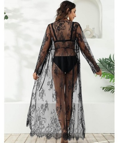 Lace Bikini Cover Up for Women Swimwear Print Hollow Out Long Kimono Cardigans D-black $19.03 Swimsuits