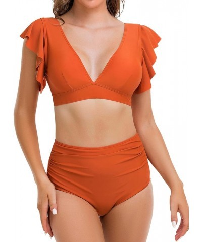 Women's V Neck Bikini Set Two Piece Ruffled Top Bathing Suits U Back Swimwear with High Waisted Ruched Swim Bottom Earth Tone...