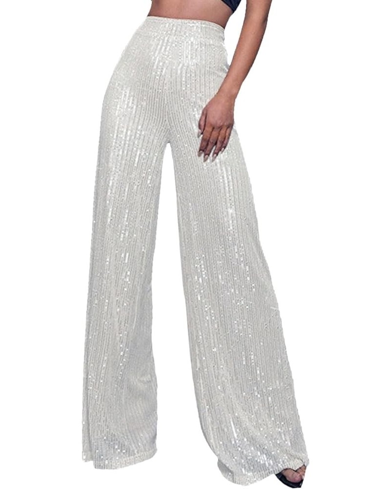 Sequin Pants Women High Waisted Sequin Wide Leg Sparkle Pants Loose Shiny Party Clubwear Bling Glitter Trousers Pants Y1-whit...