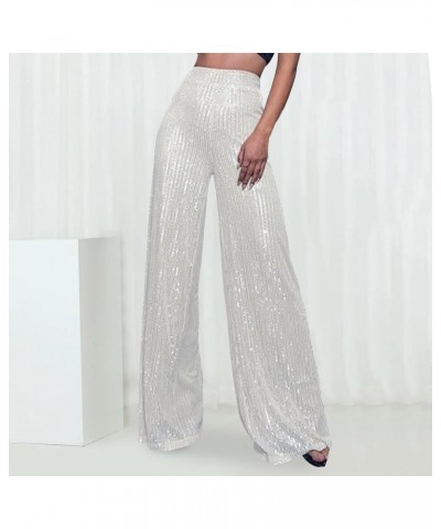 Sequin Pants Women High Waisted Sequin Wide Leg Sparkle Pants Loose Shiny Party Clubwear Bling Glitter Trousers Pants Y1-whit...