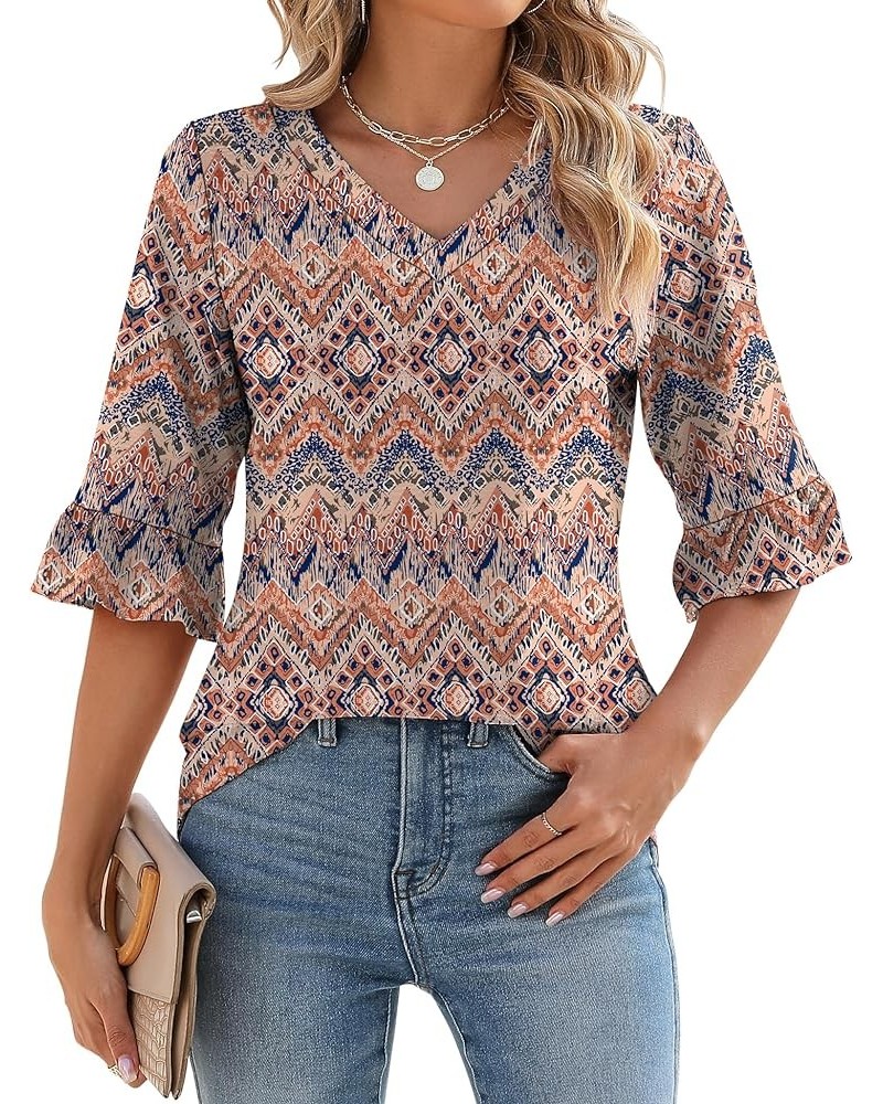 3/4 Length Sleeve Womens Tops Summer Loose V-Neck Eyelet T-Shirts Dressy Casual Ruffle Sleeve Tunic Blouses Floral 5 $13.64 Tops