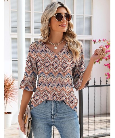 3/4 Length Sleeve Womens Tops Summer Loose V-Neck Eyelet T-Shirts Dressy Casual Ruffle Sleeve Tunic Blouses Floral 5 $13.64 Tops