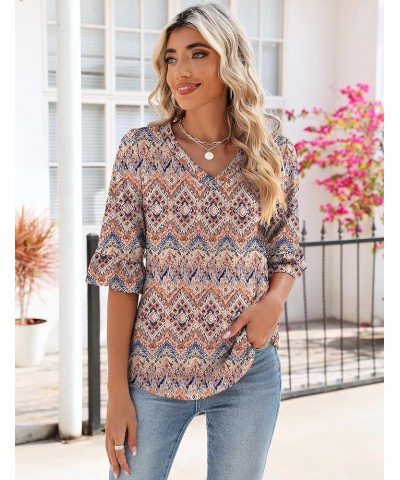 3/4 Length Sleeve Womens Tops Summer Loose V-Neck Eyelet T-Shirts Dressy Casual Ruffle Sleeve Tunic Blouses Floral 5 $13.64 Tops