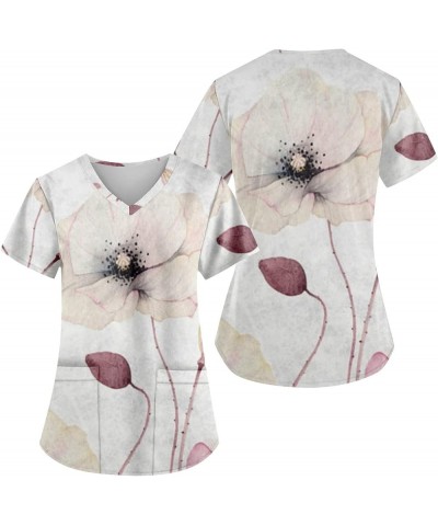 Scrubs Tops for Women Cute Print V Neck Short Sleeve Uniforms Soft T Shirts with Pockets 01-white $8.87 Tops