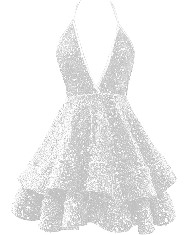 Sequin Short Prom Dresses for Teens 2023 Sparkly Cocktail Dresses Sexy Halter Homecoming Dress White $28.98 Dresses