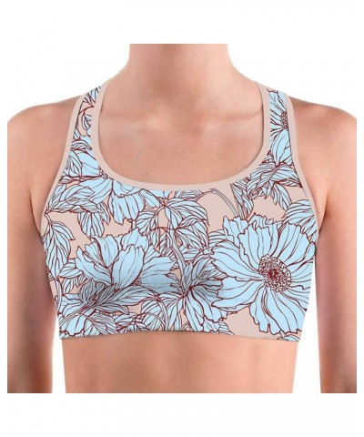 Women's Racerback Print Sport Bra - Fitness Support Workout Running Bras Blue Flowers $12.50 Lingerie