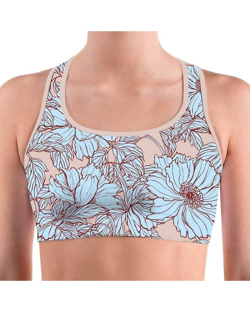 Women's Racerback Print Sport Bra - Fitness Support Workout Running Bras Blue Flowers $12.50 Lingerie