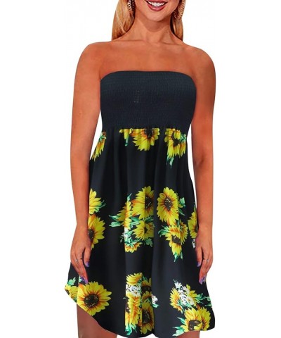 Strapless Dress for Women Summer Beach Boho Smocked Tube Top Dress Black-sunflower $9.66 Swimsuits