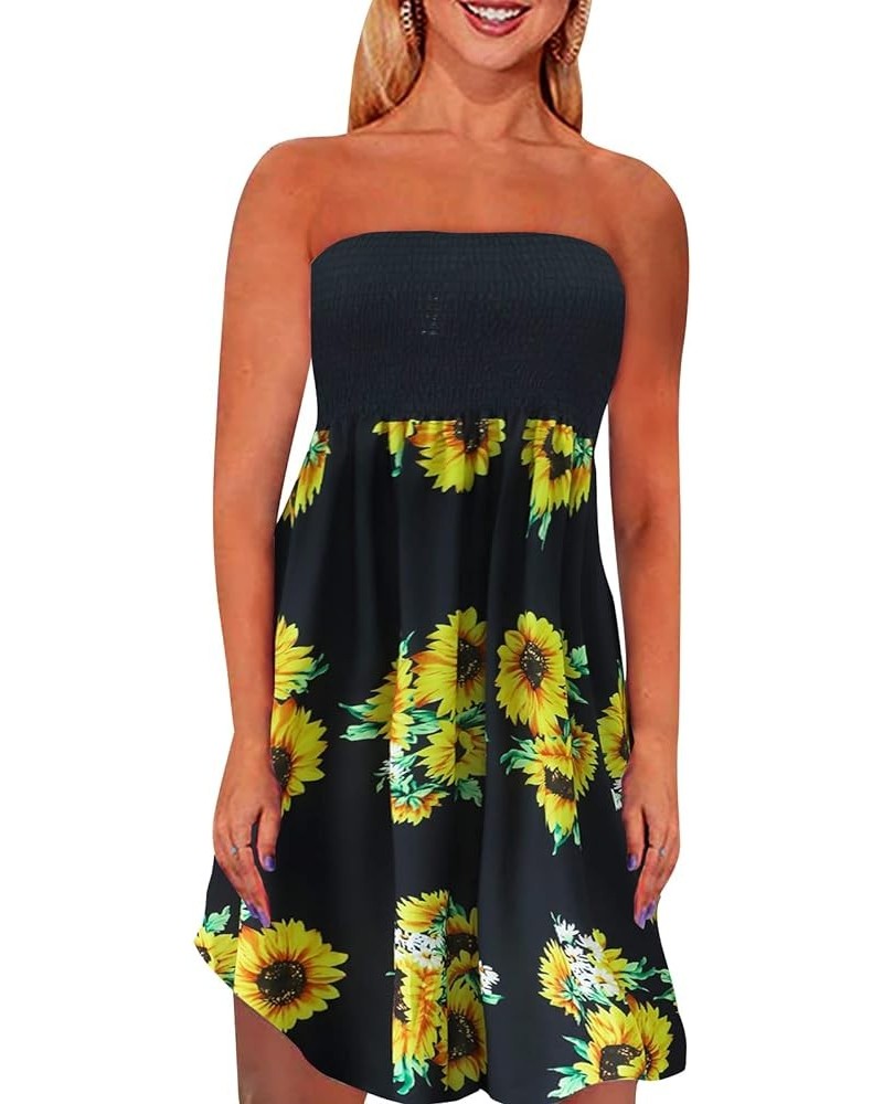 Strapless Dress for Women Summer Beach Boho Smocked Tube Top Dress Black-sunflower $9.66 Swimsuits