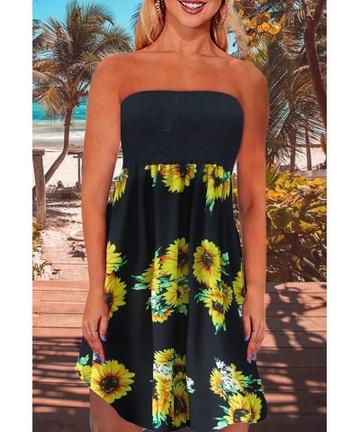 Strapless Dress for Women Summer Beach Boho Smocked Tube Top Dress Black-sunflower $9.66 Swimsuits