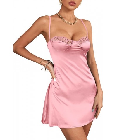 Women's Spaghetti Strap Lace Satin Slip Nightwear Sexy Party Mini Dress Solid Light Pink $23.51 Lingerie