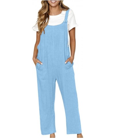 Women Adjustable Straps Jumpsuits Casual Loose Cotton Line Bib Overalls Wide Leg Plus Size Baggy Romper with Pockets Light Bl...