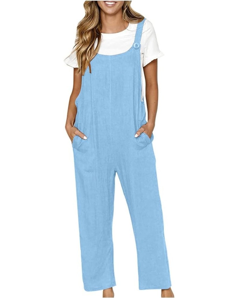 Women Adjustable Straps Jumpsuits Casual Loose Cotton Line Bib Overalls Wide Leg Plus Size Baggy Romper with Pockets Light Bl...