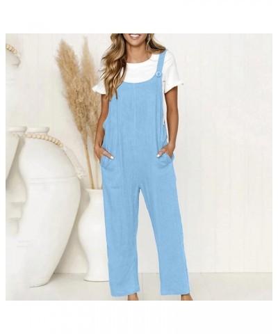 Women Adjustable Straps Jumpsuits Casual Loose Cotton Line Bib Overalls Wide Leg Plus Size Baggy Romper with Pockets Light Bl...