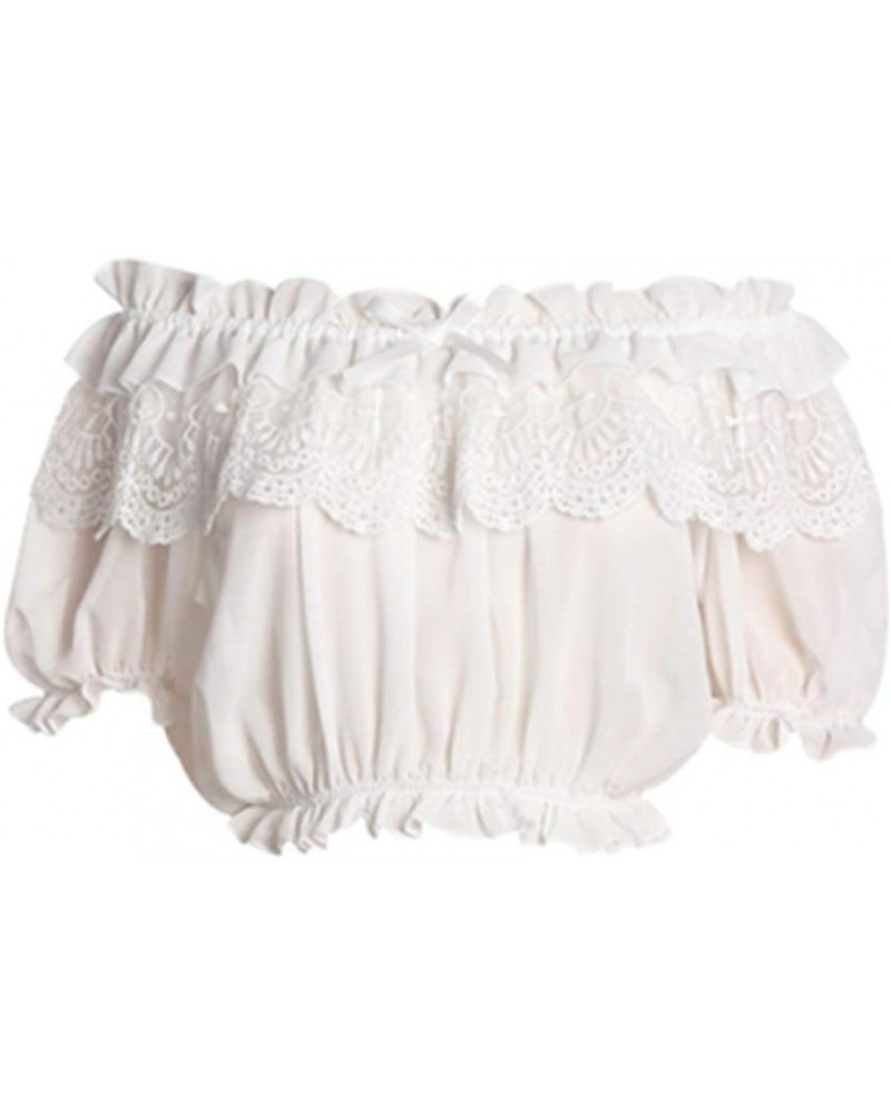 Women Lolita Frilly Chiffon Crop Top Blouse White/Black/Wine Red/Blue/Apricot Puff Sleeve Lace Bottoming Shirt White $13.63 B...
