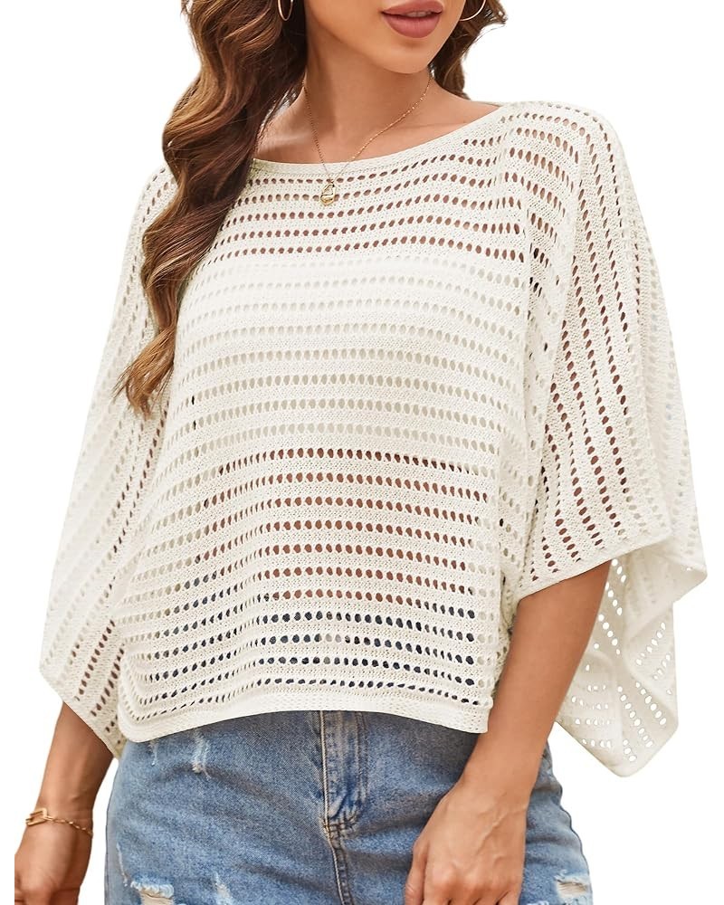 ZAFUL Women's Crochet Tops Hollow Out Knit Batwing Sleeve Sexy See Through Pullover Top Summer Mesh Beach Cover Ups Apricot $...