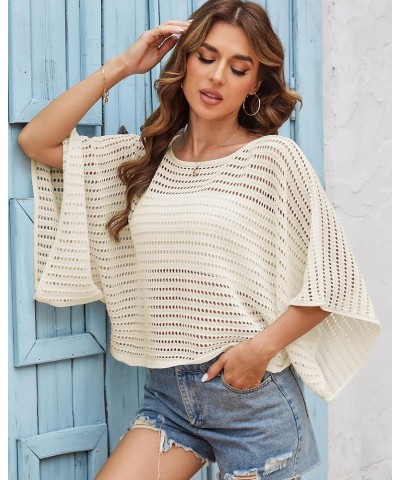 ZAFUL Women's Crochet Tops Hollow Out Knit Batwing Sleeve Sexy See Through Pullover Top Summer Mesh Beach Cover Ups Apricot $...