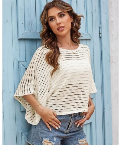 ZAFUL Women's Crochet Tops Hollow Out Knit Batwing Sleeve Sexy See Through Pullover Top Summer Mesh Beach Cover Ups Apricot $...