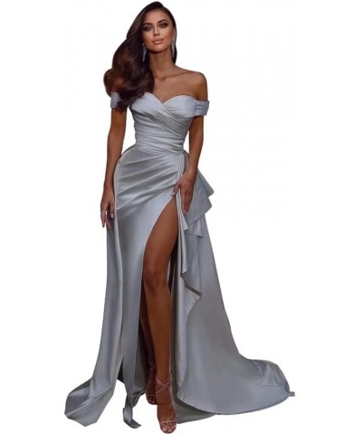 Women’s Off Shoulder Mermaid Prom Dresses with High Split Satin Ruched Long Formal Evening Gowns Sexy Silver $39.89 Dresses