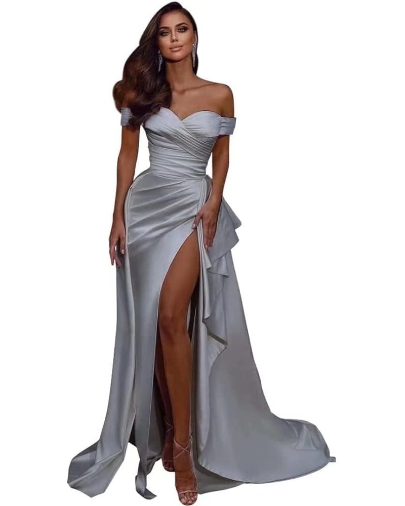 Women’s Off Shoulder Mermaid Prom Dresses with High Split Satin Ruched Long Formal Evening Gowns Sexy Silver $39.89 Dresses