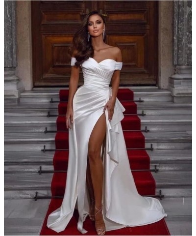 Women’s Off Shoulder Mermaid Prom Dresses with High Split Satin Ruched Long Formal Evening Gowns Sexy Silver $39.89 Dresses