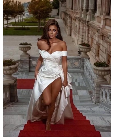 Women’s Off Shoulder Mermaid Prom Dresses with High Split Satin Ruched Long Formal Evening Gowns Sexy Silver $39.89 Dresses