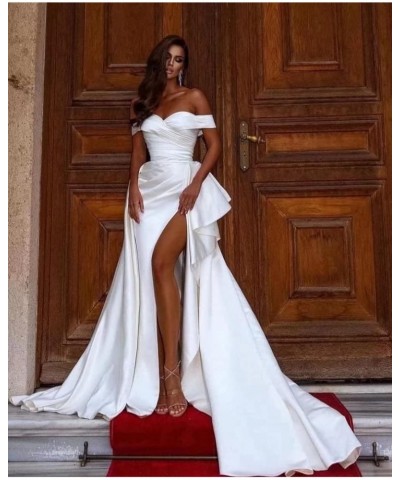 Women’s Off Shoulder Mermaid Prom Dresses with High Split Satin Ruched Long Formal Evening Gowns Sexy Silver $39.89 Dresses