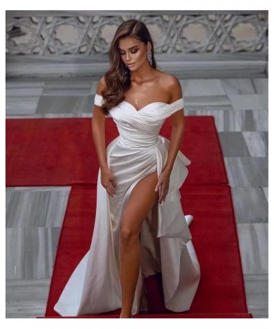 Women’s Off Shoulder Mermaid Prom Dresses with High Split Satin Ruched Long Formal Evening Gowns Sexy Silver $39.89 Dresses