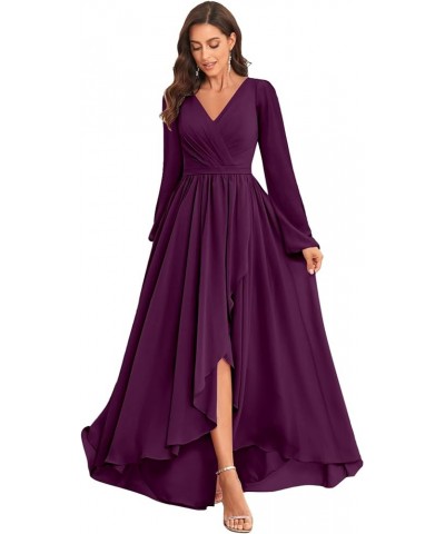 Chiffon Long Sleeve Bridesmaid Dresses with Pockets V Neck A Line High Low Formal Evening Party Gown Plum $31.79 Dresses