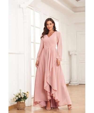 Chiffon Long Sleeve Bridesmaid Dresses with Pockets V Neck A Line High Low Formal Evening Party Gown Plum $31.79 Dresses