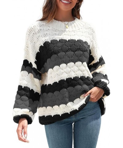 Women's Crewneck Long Sleeve Striped Color Block Loose Cable Knit Pullover Sweaters Gray and Black $23.39 Sweaters