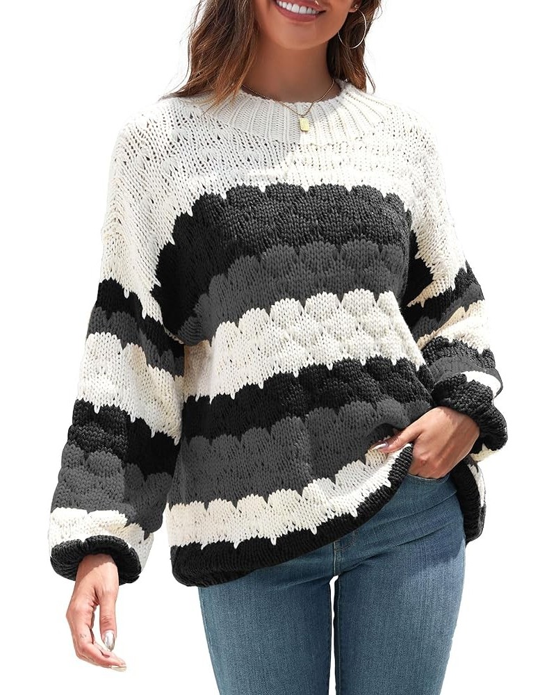 Women's Crewneck Long Sleeve Striped Color Block Loose Cable Knit Pullover Sweaters Gray and Black $23.39 Sweaters