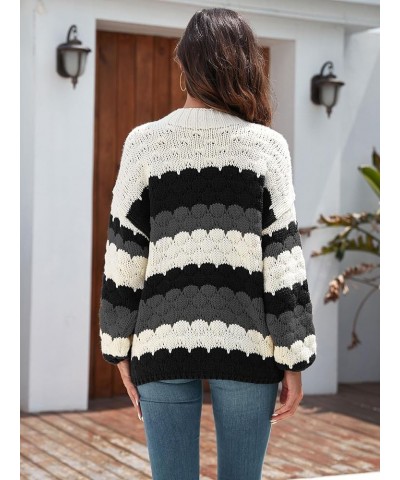 Women's Crewneck Long Sleeve Striped Color Block Loose Cable Knit Pullover Sweaters Gray and Black $23.39 Sweaters