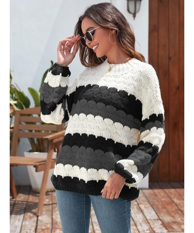 Women's Crewneck Long Sleeve Striped Color Block Loose Cable Knit Pullover Sweaters Gray and Black $23.39 Sweaters