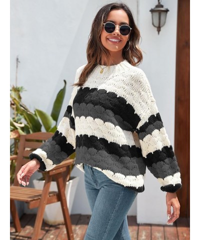 Women's Crewneck Long Sleeve Striped Color Block Loose Cable Knit Pullover Sweaters Gray and Black $23.39 Sweaters