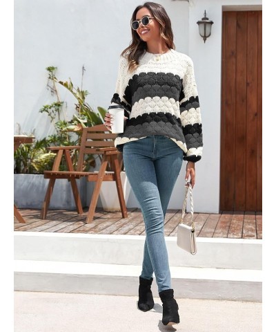 Women's Crewneck Long Sleeve Striped Color Block Loose Cable Knit Pullover Sweaters Gray and Black $23.39 Sweaters