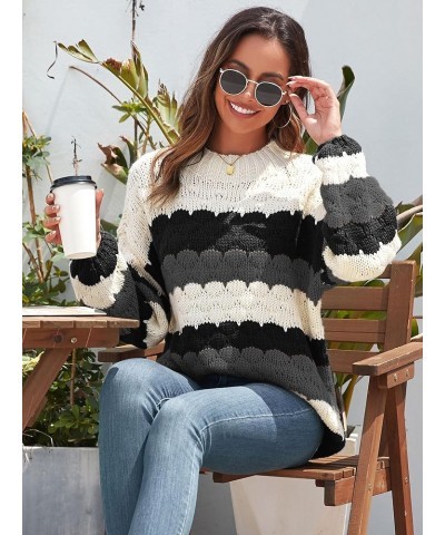 Women's Crewneck Long Sleeve Striped Color Block Loose Cable Knit Pullover Sweaters Gray and Black $23.39 Sweaters