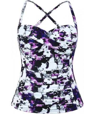 Women Tankini Tops Ruched Swim Top Tummy Control Bathing Suit Tops Push Up Swimsuit Top Purple Floral $17.64 Swimsuits