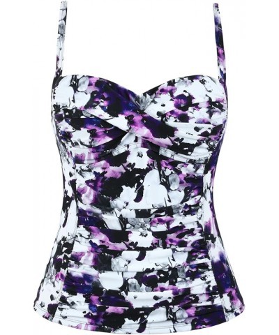 Women Tankini Tops Ruched Swim Top Tummy Control Bathing Suit Tops Push Up Swimsuit Top Purple Floral $17.64 Swimsuits