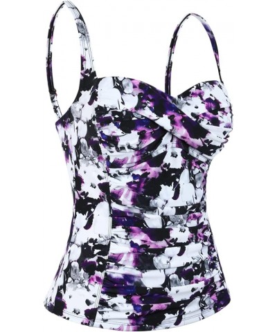 Women Tankini Tops Ruched Swim Top Tummy Control Bathing Suit Tops Push Up Swimsuit Top Purple Floral $17.64 Swimsuits