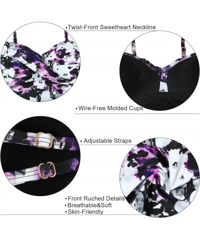 Women Tankini Tops Ruched Swim Top Tummy Control Bathing Suit Tops Push Up Swimsuit Top Purple Floral $17.64 Swimsuits